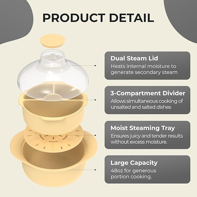 48oz Platinum Silicone 3 Compartmented Microwave Steamer Pot with Handle & Lid - Korean 100% Food-Grade Steamer Bowl, Heat-Resistant Cooker with Steam Holes, Easy Clean, Dishwasher Safe, Ivory