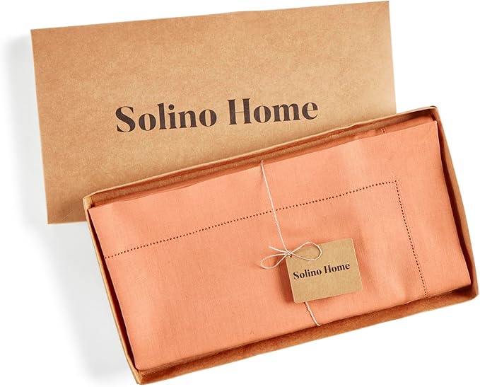 Solino Home Linen Tablecloth 60 x 144 Inch - Classic Hemstitch 100% Pure Linen Coral Table Cloth for Rectangle Tables - Machine Washable Tablecloth for Summer