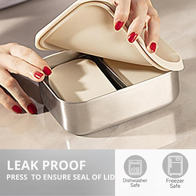 Flexibento - Leak proof Stainless Steel Lunch Box | Lunch Containers| Steel Bento Box |Sandwich Containers| Snack Containers |Metal lunch Box |Vanilla| 1 * 27 OZ+2 * 6.5 OZ|SIlicone lids