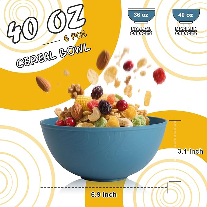 Cereal Bowls 40 OZ Set of 6, Unbreakable Lightweight Bowls Set, Microwave & Dishwasher Safe, Plastic Reusable Cereal Bowls for Soup, Salad, Noodle, Snack, Fruit, Blue