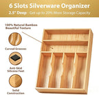 Umilife Kitchen Drawer Organizer, 12 Inch Silverware Utensil Tray Holder, Extra Deep, with Non-Slip Feet & Grooved Drawer Divider, 6 Slots Total Bamboo Wood Caddy for Flatware Cutlery Knives