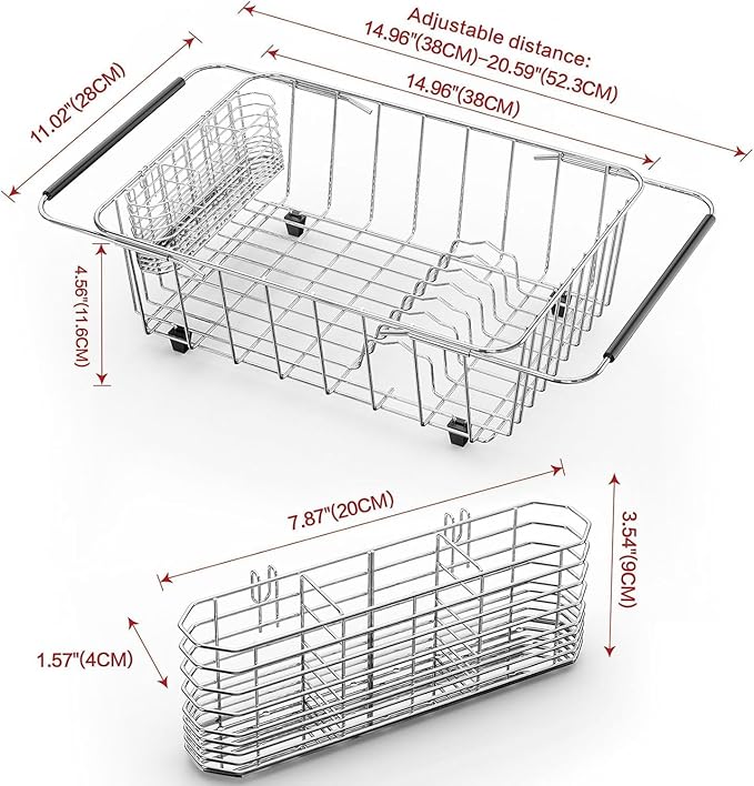 Large Sink Dish Drying Rack, Expandable 304 Stainless Steel Metal Dish Drainer Rack Organizer Shelves with Stainless Steel Utensil Holder Over Inside Sink, Rustproof