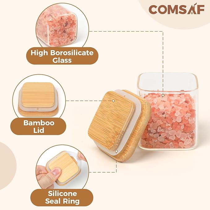 ComSaf Spice Jars with Labels 4 oz 6Pack, Small Spice Containers Starter Set, Glass Seasoning Jars with Lids, Square Seasoning Containers for Salt, Pepper, Chili Powder, Sugar, Ginger Ground, Cumin