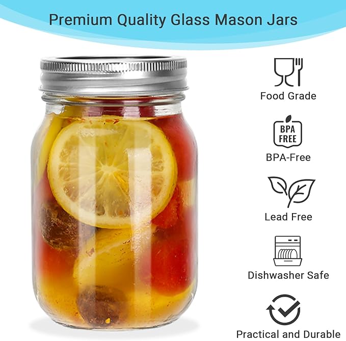 16 oz Glass Mason Jars, 15 Pack Regular Mouth Glass Canning Jars with Silver Aluminum Lids and Bands, Airtight Jam Jars for Food Storage, Pickling, Fermenting, Honey, Jelly, DIY Candles Decor