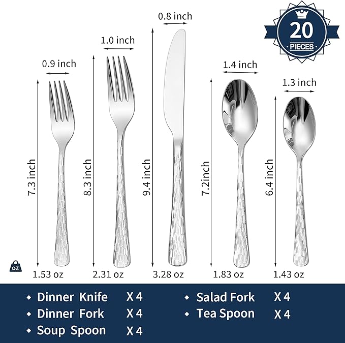 20-Piece Hammered Silverware Set, Food-Grade Stainless Steel Spoons and Forks Set, Heavy Duty Flatware Cutlery Set with Ripple Handles Design, Mirror Polished,Dishwasher Safe