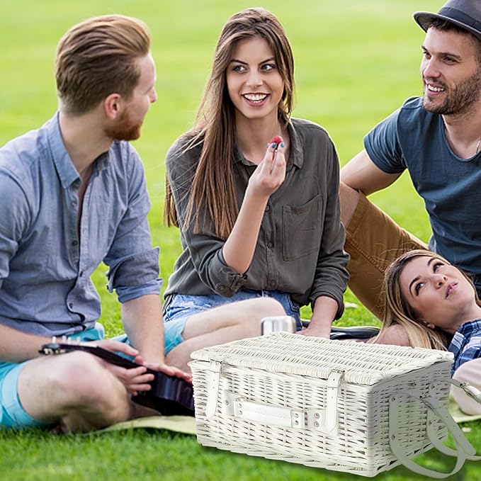Picnic Basket Set for 4 with Waterproof Blanket Mat Insulation Bag Wicker Floral Elegant Classic Fresh White Pink Gift for Wedding Birthday Summer Camp Outdoor Camping Beach Travel Christmas