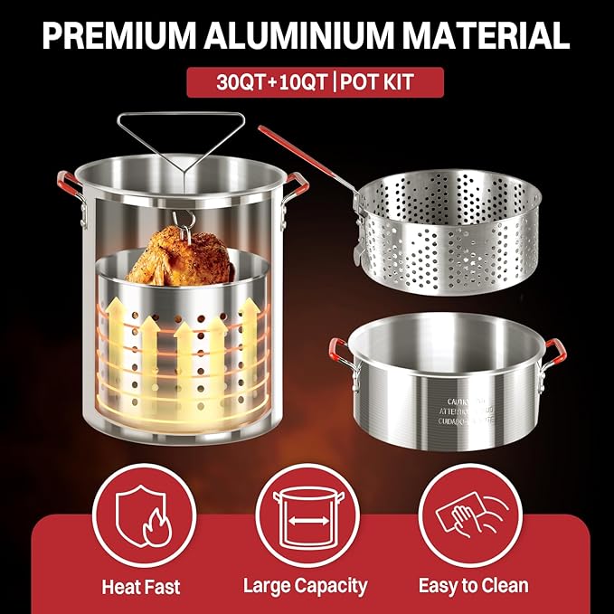 30QT & 10QT Outdoor Fryer | Turkey Fryer | Seafood Boil Pot | Cover & Skimmer Included | 50,000BTU Propane Burner | Aluminum Deep Fryer Pot with Basket | Crab, Seafood & Crawfish Boiler