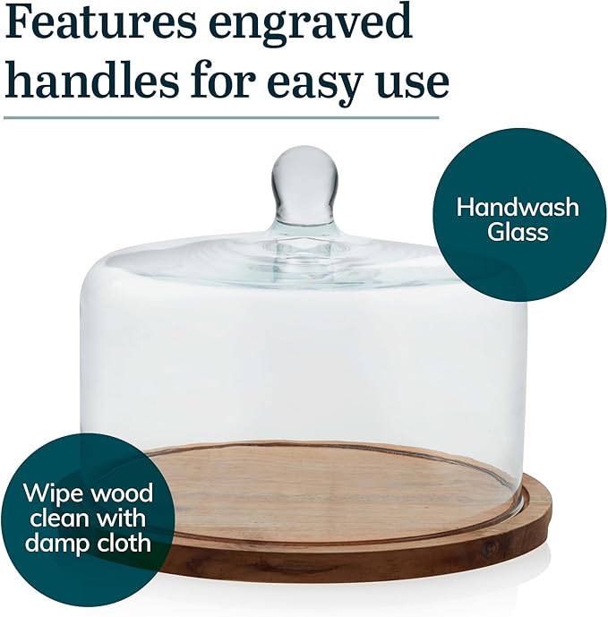 Libbey Acacia Wood Cake Stand with Dome Lid, Ball Top Handle Cake Holder with Lid, Covered Cake Stand, Durable Glass Dome Cover