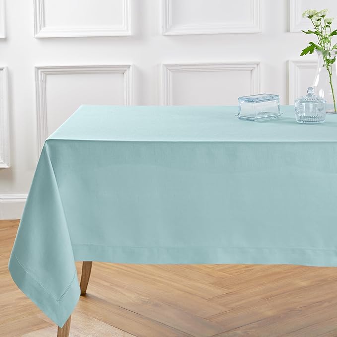 Solino Home Linen Tablecloth for Rectangle Tables 60 x 108 Inch - Classic Hemstitch 100% Pure Linen Aqua Blue Table Cloth - Machine Washable Cloth Tablecloth for Summer