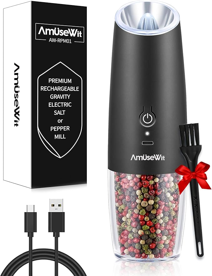 AmuseWit Gravity Electric Pepper Mill or Salt Grinder Mill [White Light] USB Rechargeable Automatic Pepper Grinder, Adjustable Coarseness, One-Handed Operation, Matte Black