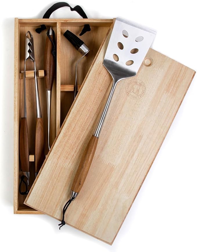 Schmidt Brothers - BBQ Bonded Teak 4 Piece Grilling Accessory Set, Full-Forged Stainless Steel Grilling Utensils Including Spatula, Fork, Basting Brush, and Tongs with All Wood Handles