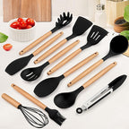 Kitchen Utensils Set of 12, E-far Silicone Cooking Utensils with Holder, Non-stick Cookware Friendly & Heat Resistant, Includes Spatula Tong Whisk Ladle Brush Slotted Turner Spoon(Black)