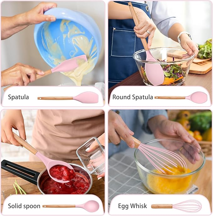 P&P CHEF Silicone Cooking Utensils Set, 8-Piece Kitchen Cooking Utensil with Wooden Handle, Silicone Spatula for Nonstick Cookware, Heat-proof & Easy Clean, Pink