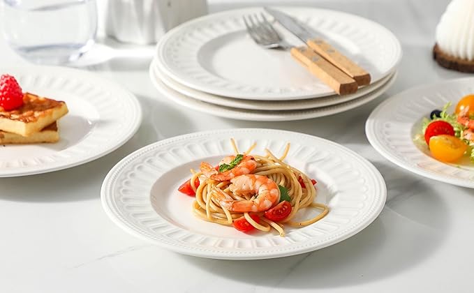 Neaylfe 8-Piece Ceramic Salad Plates Set, 8in Embossed Modern Small Dinner Plates for Kitchen, Ceramic Flat Plates for Salad, Dessert, Appetizer, Microwave, Oven, and Dishwasher Safe
