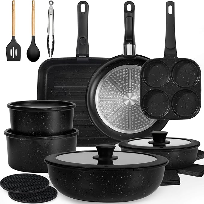 KIKCOIN 24 Pack Pots and Pans Set Non Stick, Detachable Handle Cookware Set, Induction RV Kitchen Cooking Set with Removable Handle, Frying Pans, Egg Pan - Dishwasher/Oven Safe, PFOA Free