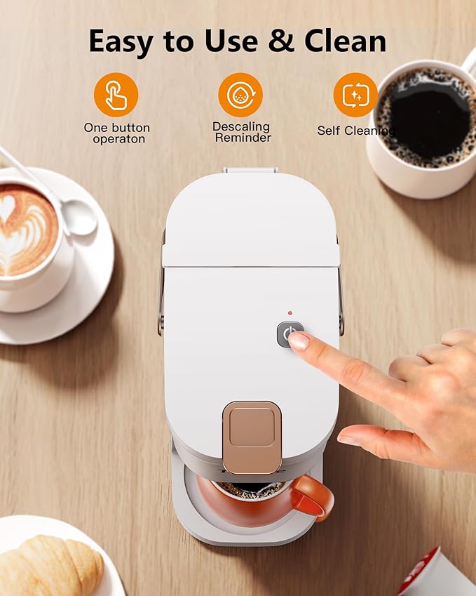 Single Serve One Cup Coffee Maker, for K Cups and Grounds, Mini Coffee Maker with Portable Handle, 6 to 12 Oz Brew Size, for Travel, Camping, Office, RV and Dorm, 120V, White and Brown