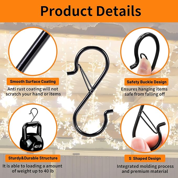 24 PCS S Hooks for Hanging with Safety Buckle, 3.5 inch Heavy Duty Metal S Shaped Hooks for Kitchen Utensil, Cups, Pots, Plants, Bags, Hats (Black)