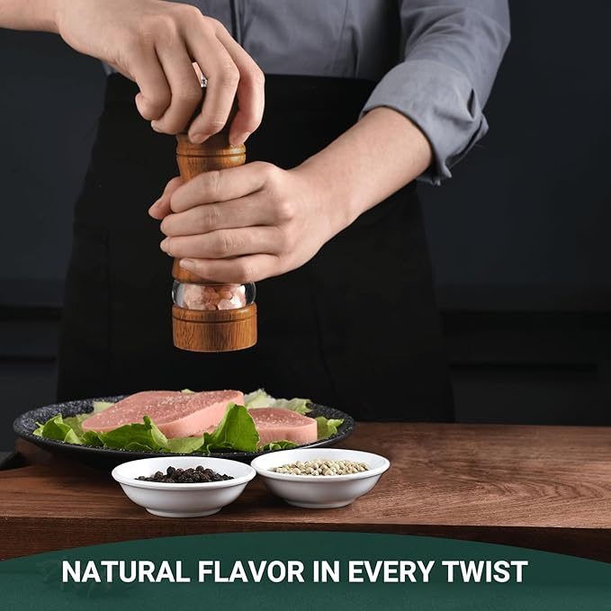 2-Piece Salt and Pepper Grinder Set, 6.5 Inch Wooden Salt and Pepper Mills with Adjustable Coarseness, Refillable Manual Pepper Mill Grinder for Home Cooks (Brown)