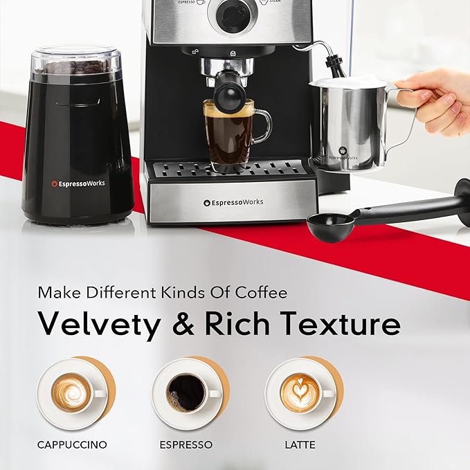 EspressoWorks All-In-One Espresso Machine with Milk Frother 7-Piece Set - Latte Maker Includes Grinder, Frothing Pitcher, Cups, Spoon and Tamper - Coffee Gifts (Stainless Steel)