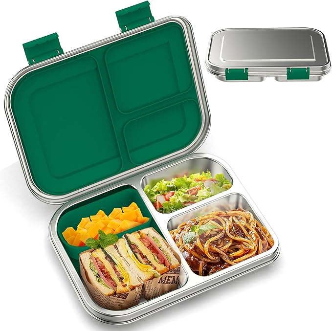 Stainless Steel Kids Leak-Resistant Bento Lunch Box, 3-Compartments with Silicone Container, Dishwasher-Safe, Child-Friendly Design for School, Picnics & Travel,BPA-Free (Green)