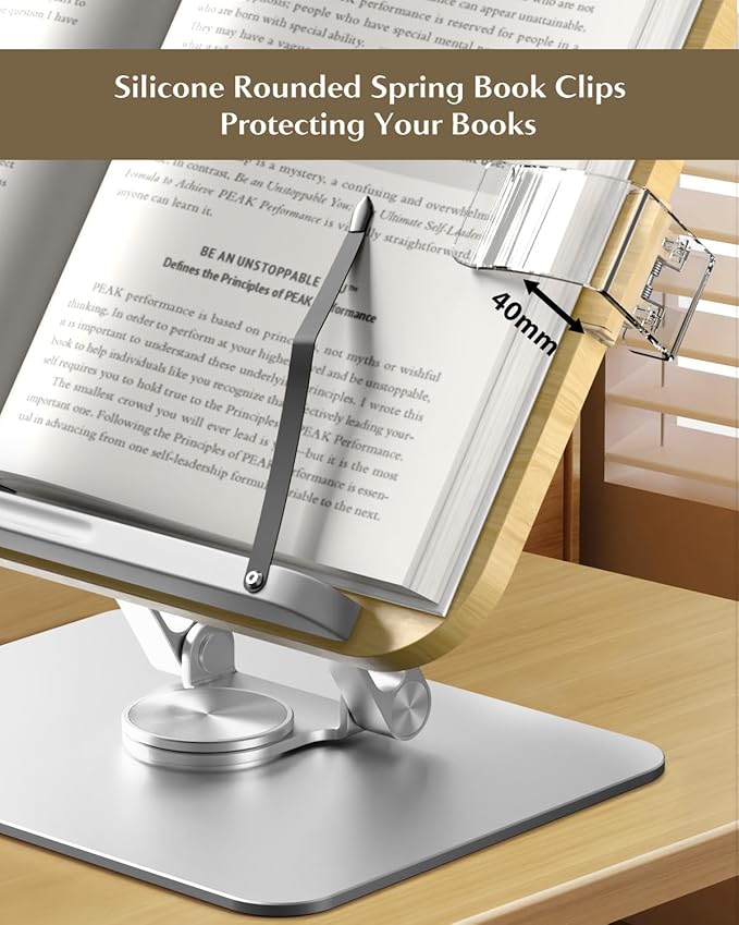 Book Stand for Reading,KVRG Adjustable Book Holder with 360° Rotating Metal Base,Foldable Cookbook Stand, Reading Hands Free with ABS Expandable Page Clips for Recipe,Textbook,Laptop-Oak