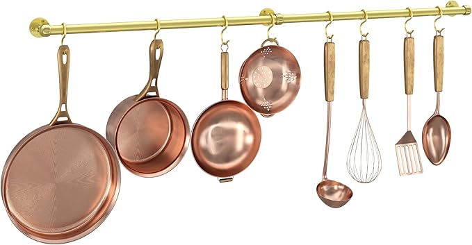 ROTHLEY Stainless Steel Pot and Pan Hanger - 39.4 Inch Wall Mounted Hanging Pots and Pans Rack for Kitchen Wall Rail with Hooks (Brass)