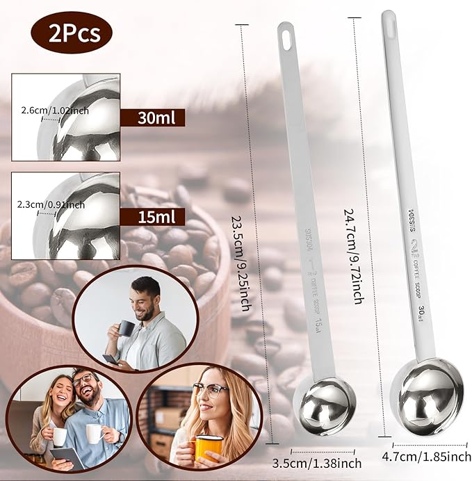2Pcs 1 Tablespoon 2 Tablespoon Coffee Scoop Stainless Steel Long Handle Measuring Spoon 1 tbsp 2 tbsp Measuring spoon 15 ml 30 ml Coffee Scoop for Ground Coffee