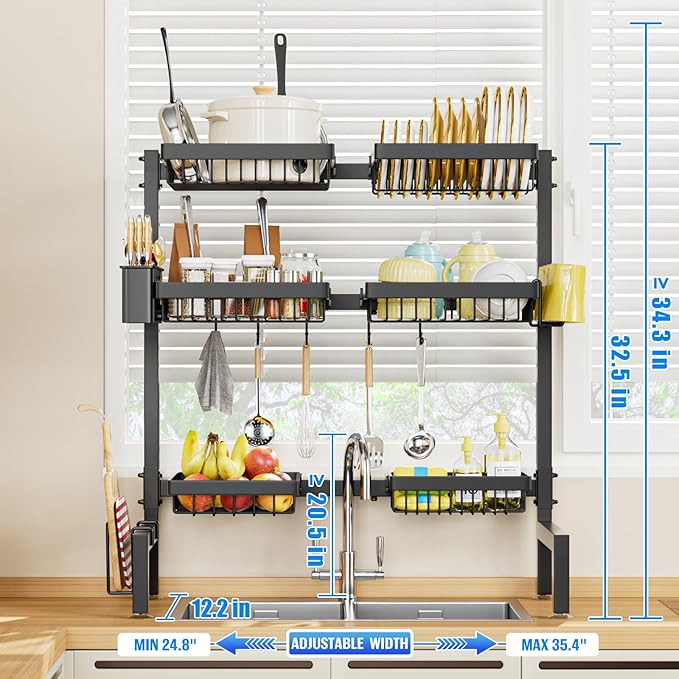 SNSLXH 3 Tiers 6 Baskets Dish Drying Rack, 24.8"-35.4",Over Sink Dish Drying Rack, 3-Tier Large Sink Rack for Kitchen, Extensible and Adjustable, Saving Kitchen Space