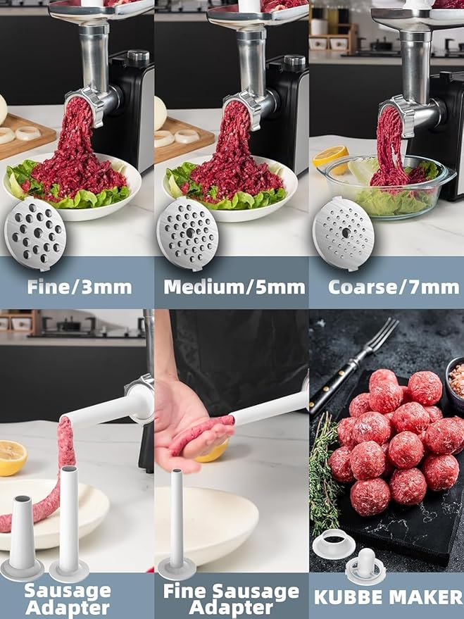Oaomi 3200W Max Electric Meat Grinder & Sausage Stuffer - Mincer Machine with Tool 1 Blade And 3 Plates, 3 Tubes & Kubbe Kit Tool for Home Kitchen Use（Black）