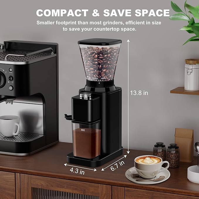 Conical Burr Espresso Coffee Grinder Electric, Coffee Bean Grinder for Home Use Upgraded 48 Grind Settings, 35s Precision Timer, Anti-Static for Pour Over/Drip/French Press, Stainless Steel Black