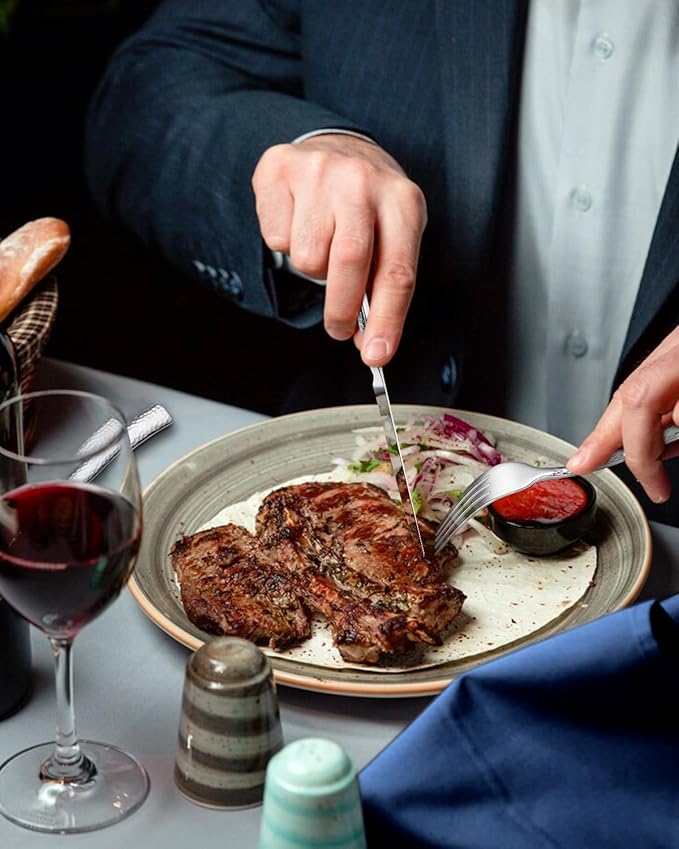 EUIRIO 48-Piece Hammered Silverware Set with Steak Knives, Stainless Steel Flatware Set for 8, Mirror Finish Cutlery Set for Home Hotel, Include Forks Spoons and Knives, Dishwasher Safe