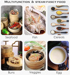 9.5-Inch Vertical Bamboo Steamer Basket, 3-Tier with Stainless Steel Rings | 50 Liners, Sauce Dish & 2-Chopsticks | Cooking Pot for Buns Dumplings Rice Vegetables Dim Sum