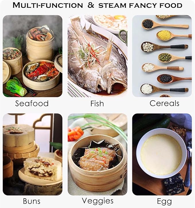 9.5-Inch Vertical Bamboo Steamer Basket, 2-Tier with Stainless Steel Rings | 50 Liners, Sauce Dish & 2-Chopsticks | Cooking Pot for Buns Dumplings Rice Vegetables Dim Sum