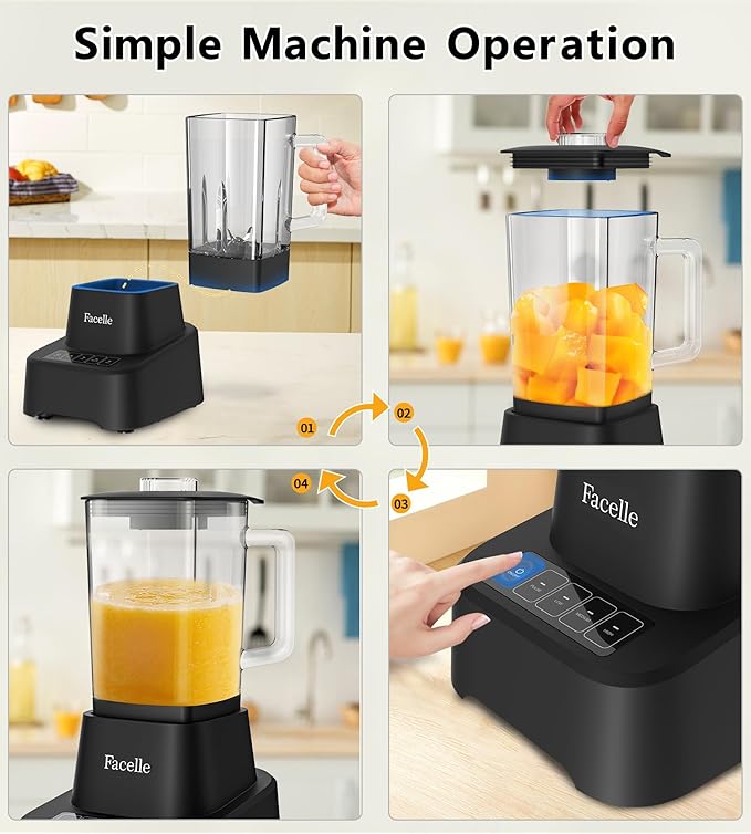 Smoothie Blender, Facelle Countertop Blender for Kitchen, 55 oz Glass blender for smoothies and Shakes, Licuadora, Smoothie maker with touchscreen 3+P Speeds, Cleaning brush ＆ removable SS304 blade