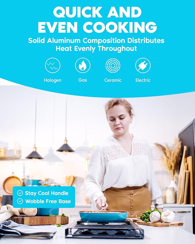 GOTHAM STEEL 20 Piece Copper Pots and Pans Set Nonstick Cookware Set + Complete Ceramic Bakeware Set for Kitchen with Long Lasting Non Stick, Dishwasher/Oven Safe, Non Toxic – Turquoise