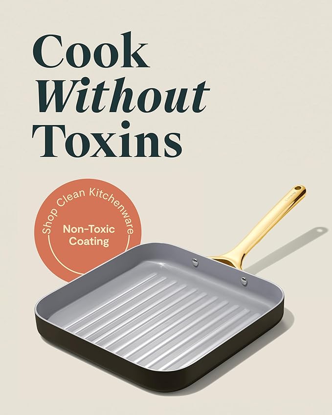 Caraway Square Grill Pan - 11” Grill Pan - Non-Stick Ceramic Coated - Non Toxic, PTFE & PFOA Free - Oven Safe & Compatible with All Stovetops - Black