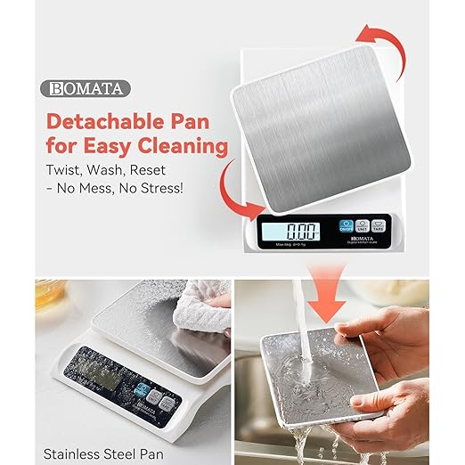 BOMATA 0.1g/ 13lb Food Scale, USB Rechargeable, Digital Kitchen Scale with Removable Stainless Steel Pan, Backlit LCD Display, for Cooking, Baking B621 White