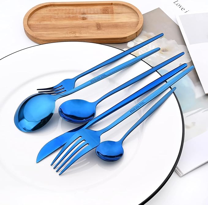 Blue 36-Pieces Silverware Flatware Mirror Polished Dinnerware, 18/0 Stainless Steel Cutlery Set For Home Kitchen Party Hotel Restaurant Wedding Service for 6