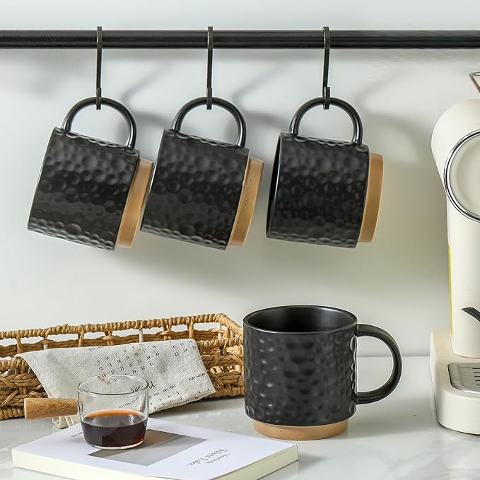 Nihow 16OZ Stackable Coffee Mug Set, Large Ceramic Coffee Mug Set of 4,Coffee Cup Set for Cappuccino/Latte/Cocoa,Dishwasher & Microwave Safe, Matte Black