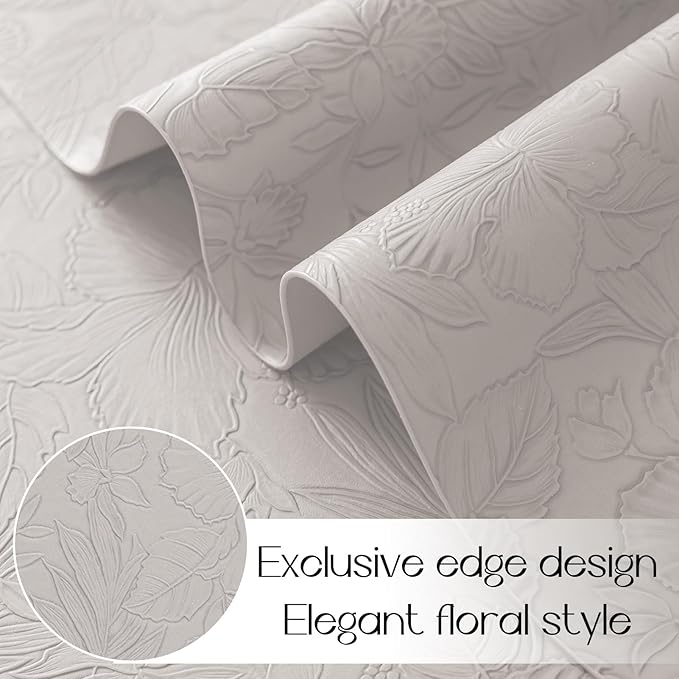 Romanstile Vinyl Placemats Set of 8-12 X 18 Inch - Heat Resistant Non-Slip Embossed Floral Place Mats 100% Waterproof Oilproof Wipeable Faux Leather Table Mats for Kitchen/Dining/Party, LightGrey
