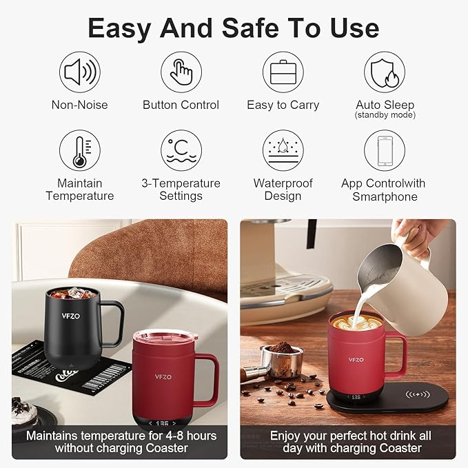 16Oz Temperature Control Smart Mug, Self Heating Coffee Mug LED Display, 180 Min Battery Life - Hot up to 149℉ Fast Wireless Charger Base Improved Design (16oz, Burgundy)