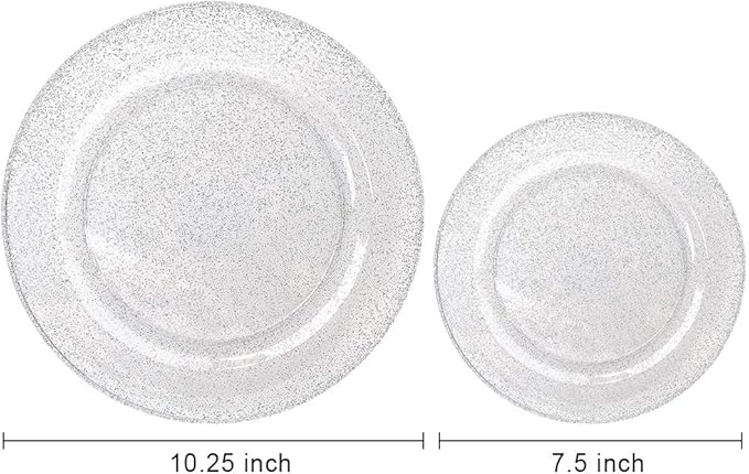WDF 120PCS Silver Plastic Plates- Disposable Silver Glitter Plates, Premium Heavy Duty 60-10.25" Dinner Plates and 60-7.5" Salad Plates for Parties &Wedding