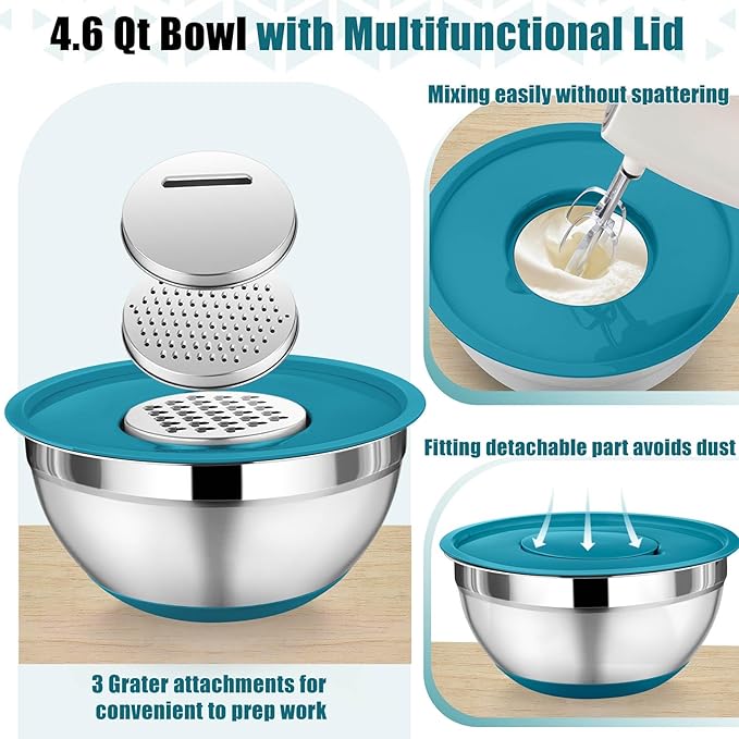 P&P CHEF Mixing Bowl with Lid Set, 5 Piece Stainless Steel Mixing Nesting Bowls for Salad Storage, 3 Grater Attachments & Non-Slip Bottoms, Size 1/1.5/2 / 2.6/4.6 QT, Blue
