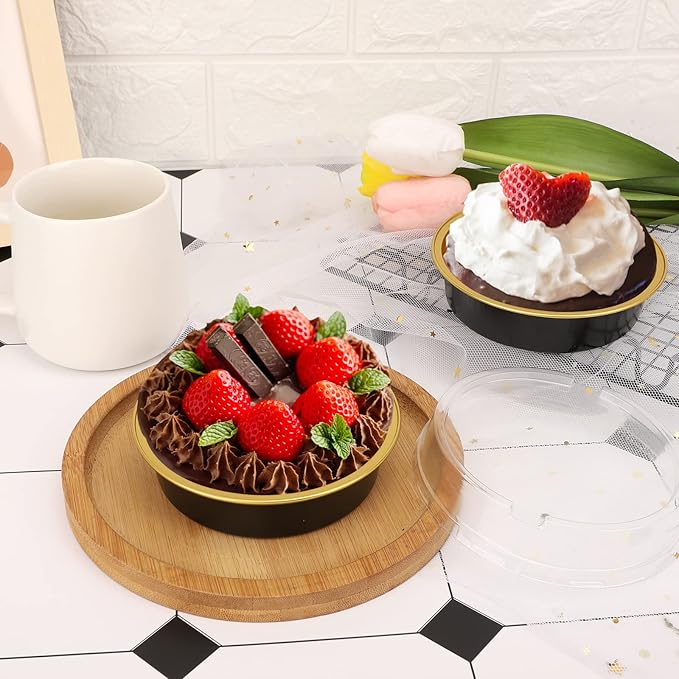 Beasea Aluminum Cupcake Pans With Lids, 4 Inch 100 Pack Disposable Pie Pans For Cake, 8 Oz Aluminum Pie Pan Tin Black Golden Tart Pans Round Oven Baking Mini Cake Pan For Pie Tart Quiche