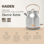 Haden Heritage 1.7 Liter Stainless Steel Electric Kettle, Hot Water Kettle with 360-Degree Base and Auto Shutoff, Steel & Copper