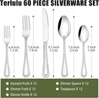 60-Piece Silverware Set for 12, Stainless Steel Flatware, Mirror Polished Cutlery Set, Utensils Include Spoons, Forks, Knives for Home, Restaurant, Beaded Handle, Dishwasher Safe