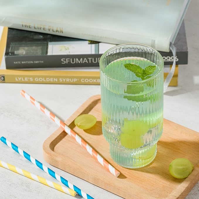 Ribbed Drinking Glasses Set of 6, 14oz Water Glasses,Vintage Glass Cups,Clear Glass Tumbler,Ribbed Glassware for Cocktail,Iced Coffee,Juice,Mojito,Decor,Gifts