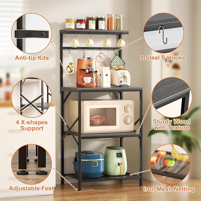 Kitchen Bakers Rack with Storage Shelves, Small Coffee Bar Cart with 8 Hooks, 4 Tiers Microwave Stand Station with Adjustable Shelves, Freestanding Kitchen Appliance Organizer, Black Oak