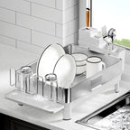Dish Drying Rack, 304 Stainless Steel Dish Racks for Kitchen Counter, Dish Drainers with Automatic Drainage, Utensil Holder & Cups Holder, Space Saving Kitchen Organizer, White