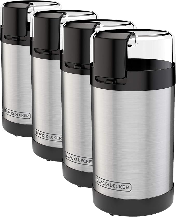 BLACK+DECKER One Touch Coffee Grinder, 2/3 Cup Coffee Bean Capacity, Spice Grinder, One Touch Push-Button Control -150 Watts -Stainless Steel Blades (Pack of 4)